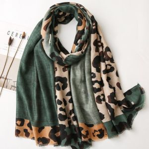 Casual Colorblock Leopard Fringed Scarf, Scarves, color:Green|size:One-size, Stylewe