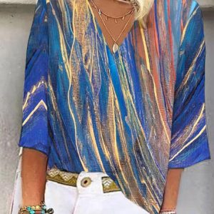 V Neck Half Sleeve Color Block Regular Loose Blouse For Women, Blouses, color:Blue|size:XXL, catalog Noracora shop