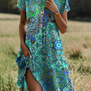 Women Ethnic Crew Neck Short Sleeve Comfy Casual Midi Dress, Midi, color:Green|size:XXL, catalog Noracora shop