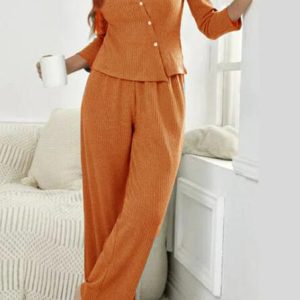 Women Floral One Shoulder Long Sleeve Comfy Casual Top With Pants Two-Piece Set, Sets, color:Orange|size:5XL, catalog Noracora shop
