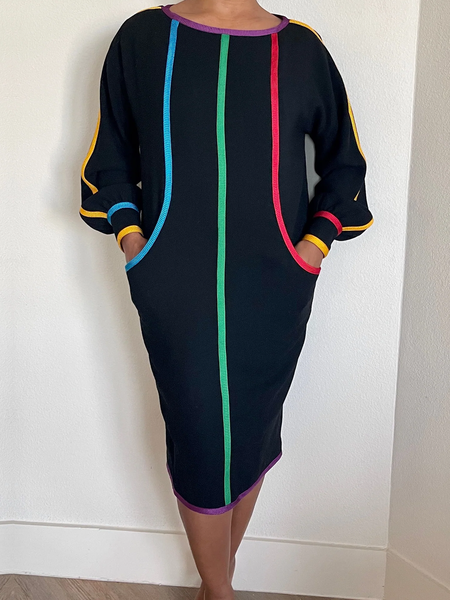 Loose Color Block Urban Raglan Sleeves Crew Neck Long Sleeve Loose Midi Dress, Midi Dresses, color:Black|size:XXL, Stylewe