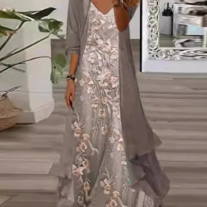 Women Floral V Neck Long Sleeve Comfy Casual Coat With Skirt Two-Piece Set, Maxi, color:Color4|size:3XL, catalog Noracora shop