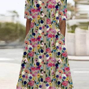 Women Floral V Neck Half Sleeve Comfy Casual Buckle Midi Dress, Maxi, color:flower|size:3XL, catalog Noracora shop