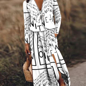 Women Text Letters V Neck Long Sleeve Comfy Casual Zipper Midi Dress, Dresses, color:White|size:5XL, catalog Noracora shop