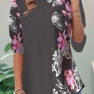 Casual Floral Crew Neck Long Sleeve T-shirt, T-shirts, color:Coffee|size:XXL, catalog Noracora shop