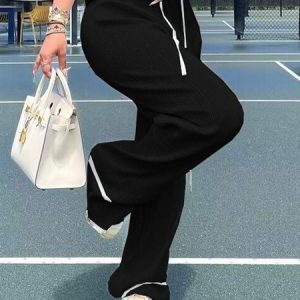 Casual Color Block Lace-Up Straight Long Pants, Pants, color:Black|size:XXL, Stylewe