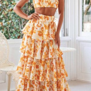 Women Floral Spaghetti Sleeveless Comfy Casual Top With Skirt Two-Piece Set, Sets, color:Yellow|size:XL, catalog Noracora shop