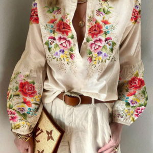 V Neck Long Sleeve Floral Regular Loose Blouse For Women, Blouses, color:Apricot|size:XXL, catalog Noracora shop
