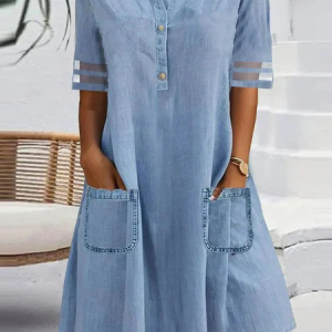 Women Plain Shirt Collar Half Sleeve Comfy Casual Pocket Stitching Midi Dress, Midi, color:Blue|size:XXL, catalog Noracora shop