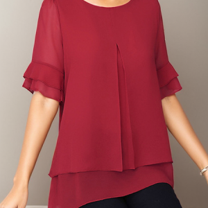 Crew Neck Ruffle Sleeve Half Sleeve Plain Pullover Regular Loose TUNIC Blouse For Women, Blouses, color:Wine Red|size:5XL, catalog Noracora shop
