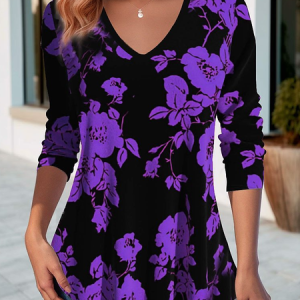 Casual Floral V Neck Long Sleeve T-shirt, Blouses, color:Purple|size:5XL, catalog Noracora shop