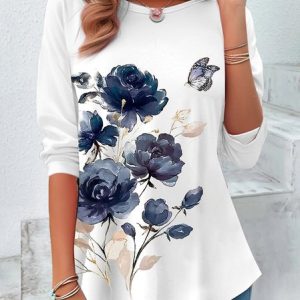 Floral Print Casual T-Shirt, Long sleeves, Lilicloth.com