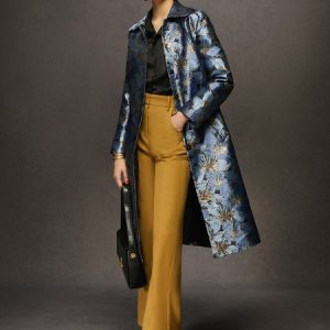 Urban Satin Jacquard Floral Long Jacket, Jackets, color:Dark Blue|size:XXL, Stylewe