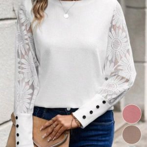 Casual Plain Crew Neck Long Sleeve T-shirt, Blouses, color:White|size:XL, catalog Noracora shop