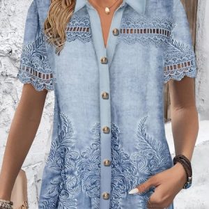 Shirt Collar Short Sleeve Ethnic Lace Regular Loose Blouse For Women, Shirts, color:Blue|size:XXL, catalog Noracora shop