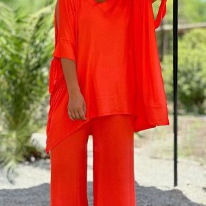 Women Plain V Neck Half Sleeve Comfy Casual Top With Pants Two-Piece Set, Sets, color:Orange Red|size:5XL, catalog Noracora shop