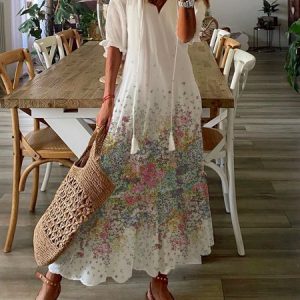 Women's A Line Dress Maxi Dress Casual V neck Floral Short Sleeve Loosen Dress, Maxi, color:White|size:XXL, catalog Noracora shop
