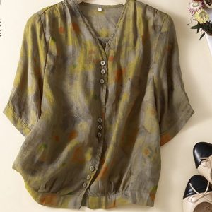 V Neck Half Sleeve Floral Regular Loose Shirt For Women, Blouses, color:Green|size:XXL, catalog Noracora shop