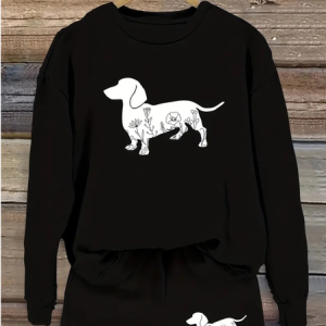 Women Dog Crew Neck Long Sleeve Comfy Casual Top With Pants Two-Piece Set, Sets, color:Black-white|size:5XL, catalog Noracora shop
