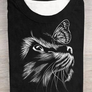 Casual Cat Crew Neck Short Sleeve T-shirt, T-shirts, color:Black|size:XXL, catalog Noracora shop