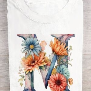 Floral Text Letters Casual T-Shirt, T-shirts, Lilicloth.com