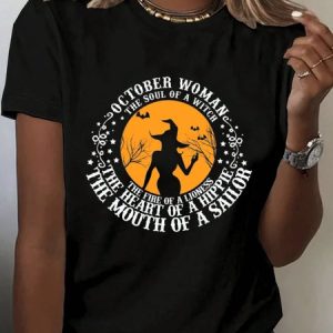 Halloween Witch Text Letters Crew Neck Short Sleeve T-shirt, T-shirts, color:Black|size:XXL, catalog Noracora shop