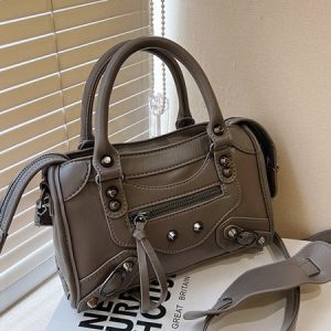 Fashionable Motorcycle Baguette Bag Rivet Crossbody Bag, Bags, color:Taupe|size:One-size, Stylewe