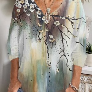 Casual Floral V Neck Long Sleeve T-shirt, T-shirts, color:Brown|size:XXL, catalog Noracora shop