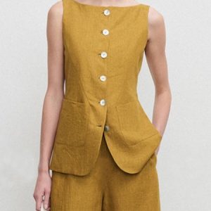 Linen Plain  Buttoned Pockets Casual Vest, Vests and Gilets, color:Yellow|size:XL, Stylewe