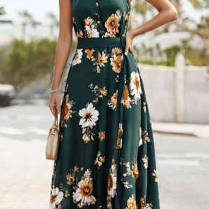 Women Floral V Neck Sleeveless Comfy Vacation Maxi Dress, Maxi, color:Dark Green|size:XXL, catalog Noracora shop