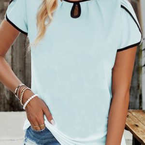 Crew Neck Short Sleeve Plain Regular Regular Fit Shirt For Women, Blouses, color:Blue|size:XXL, catalog Noracora shop