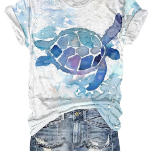 Crew Neck Casual Turtle T-Shirt, T-shirts, Lilicloth.com