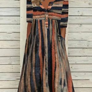 Women Striped Casual Spring Polyester Natural No Elasticity Daily Crew Neck Regular Size Dress, Midi, color:Green|size:XXL, catalog Noracora shop