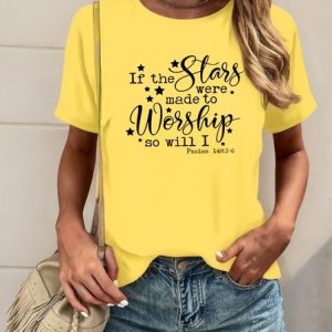 Casual Text Letters Crew Neck Short Sleeve T-shirt, T-shirts, color:Mustard|size:4XL, catalog Noracora shop