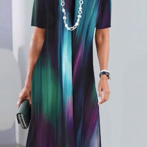 Women Random Print Crew Neck Short Sleeve Comfy Casual Pocket Stitching Midi Dress, Midi, color:Multicolor|size:4XL, catalog Noracora shop