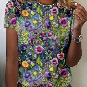 Women's Short Sleeve Tee T-shirt Summer Floral Crew Neck Casual Top, JustFashionNow T-Shirts, color:Multicolor|size:XXL,