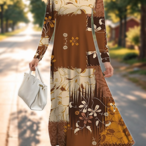 Women Geometric Crew Neck Long Sleeve Comfy Casual Maxi Dress, Dresses, color:Deep Brown|size:XXL, catalog Noracora shop