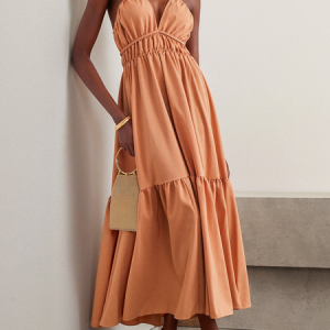 Women Plain Spaghetti Gallus Comfy Vacation Ruched Maxi Dress, Dresses, color:Orange|size:L, catalog Noracora shop