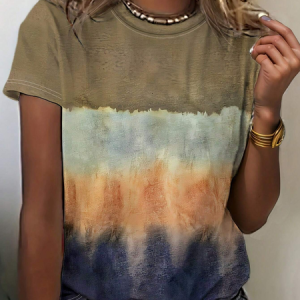 Women's Short Sleeve Tee T-shirt Summer Gradient Pattern Printing Jersey Crew Neck Daily Going Out Vintage Top Khaki, JustFashionNow T-Shirts, color:Khaki|size:XXL,