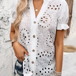 V Neck Short Sleeve Plain Buckle Regular Micro-Elasticity Loose Blouse For Women, Shirts, color:White|size:XL, catalog Noracora shop