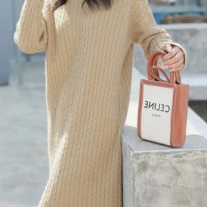 Women Plain Crew Neck Long Sleeve Comfy Casual Midi Sweater Dress, Maxi, color:Khaki|size:M, catalog Noracora shop