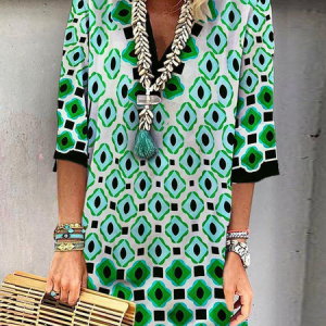 Women's Three Quarter Sleeve Spring/Fall Floral Dress V Neck Daily Going Out Casual Midi H-Line, JustFashionNow Dresses, color:Green|size:3XL,