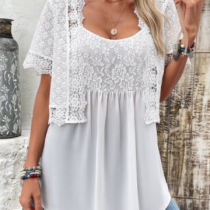 Women Plain Crew Neck Short Sleeve Comfy Casual Lace Coat With Cami Two-Piece Set, Blouses, color:White|size:XXL, catalog Noracora shop