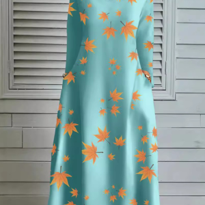 Women Leaf Crew Neck Long Sleeve Comfy Casual Midi Sweater Dress, Dresses, color:Green|size:XXL, catalog Noracora shop