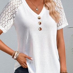 V Neck Buckle Polyester Cotton Casual Blouse, Blouses, color:Khaki|size:XS, catalog Noracora shop
