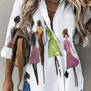 Shirt Collar Long Sleeve Abstract Regular Loose Shirt For Women, Shirts, color:White|size:XXL, catalog Noracora shop