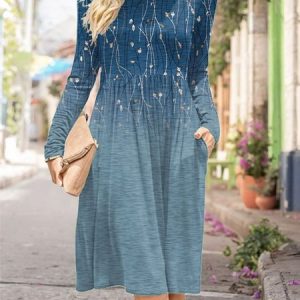 Women Floral Crew Neck Long Sleeve Comfy Casual Midi Dress, Dresses, color:Deep Blue|size:3XL, catalog Noracora shop