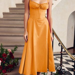 Women Plain Spaghetti Gallus Comfy Casual Maxi Dress, Maxi, color:Orange|size:XXL, catalog Noracora shop