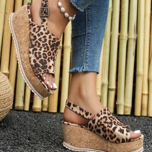 Casual Leopard Slip On Block Heel Wedge Sandals, Women shoes, color:Leopard|size:43, catalog Noracora shop
