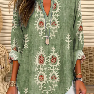 Notched Long Sleeve Ethnic Regular Loose Shirt For Women, Blouses, color:Green|size:XXL, catalog Noracora shop